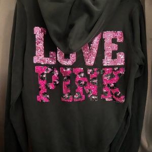 Pink Victoria’s Secret (RARE) Jet black hoodie w/ sequin logo